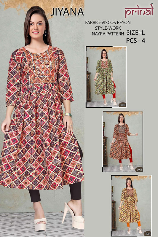 Jiyana Prinal Viscose Rayon Naira Cut Kurtis Wholesale