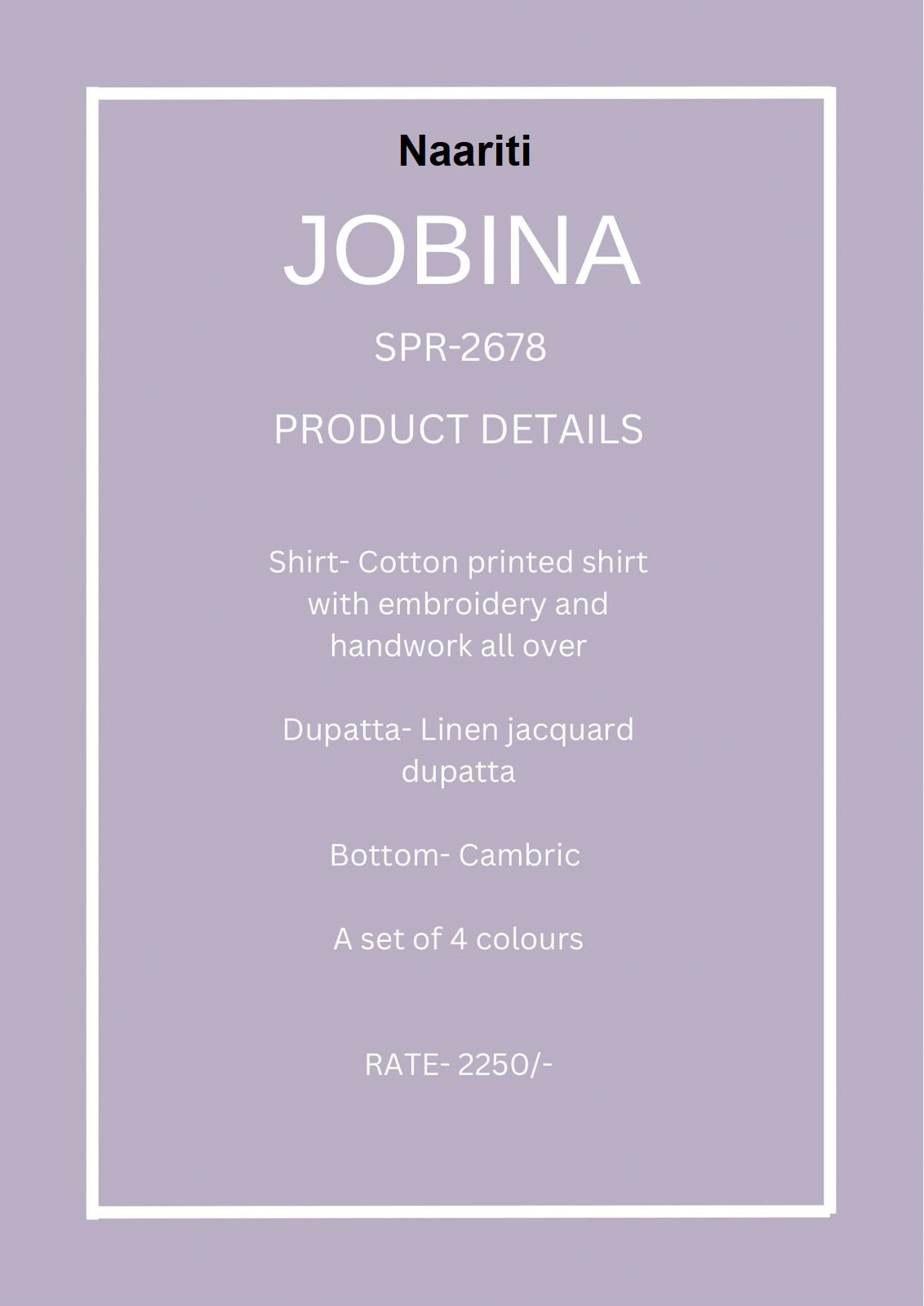 Jobina 2678 Naariti Cotton Pant Style Suits Supplier India