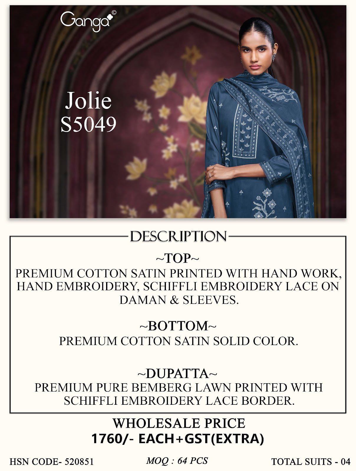Jolie S5049 Ganga Cotton Satin Pant Style Suits Wholesale Price