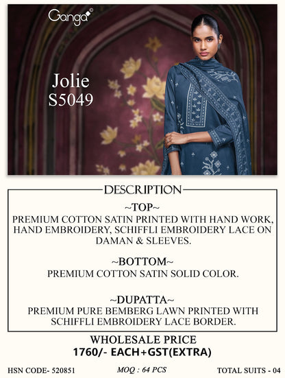 Jolie S5049 Ganga Cotton Satin Pant Style Suits Wholesale Price