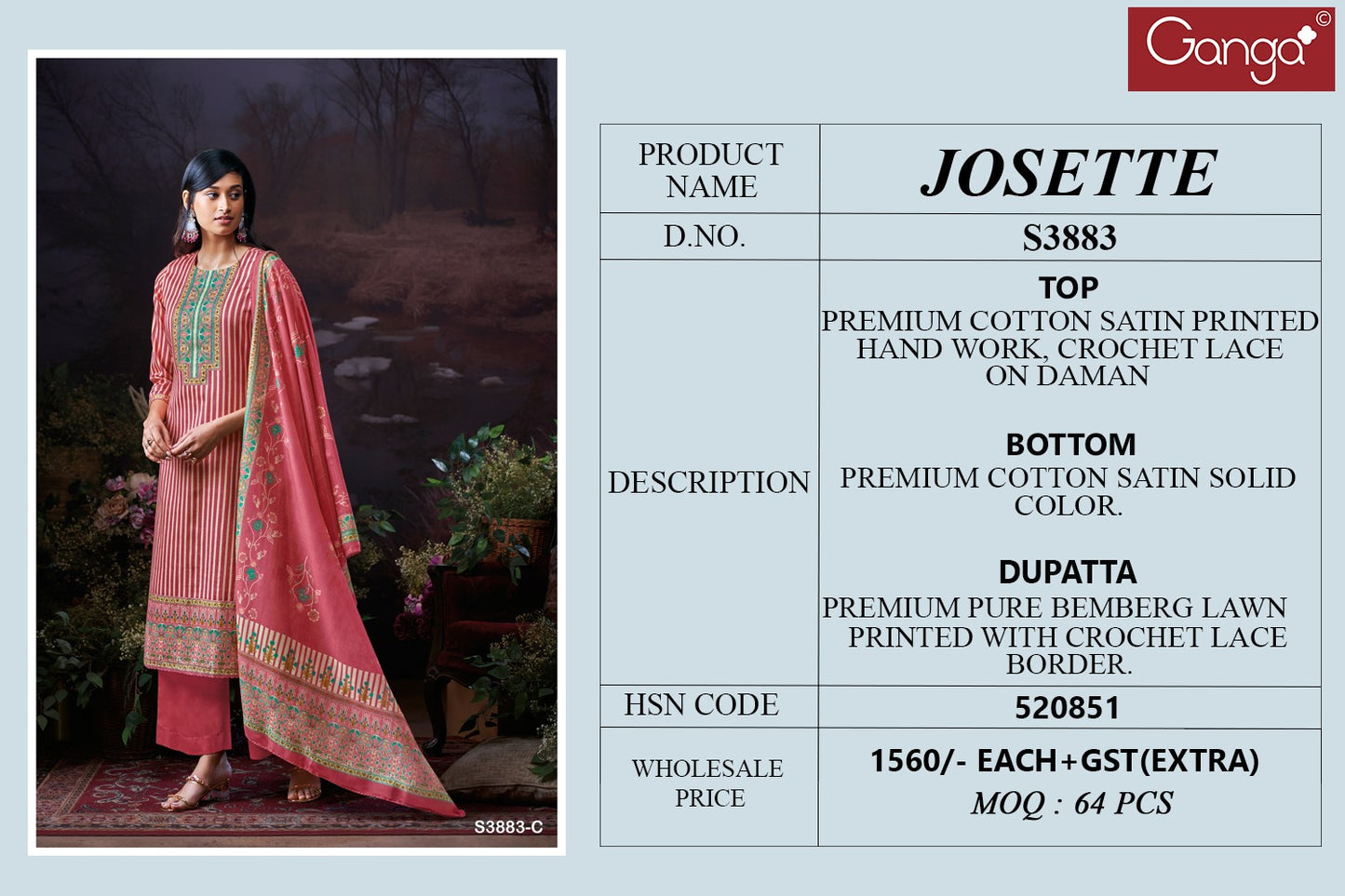 Josette 3883 Ganga Premium Cotton Plazzo Style Suits Exporter India