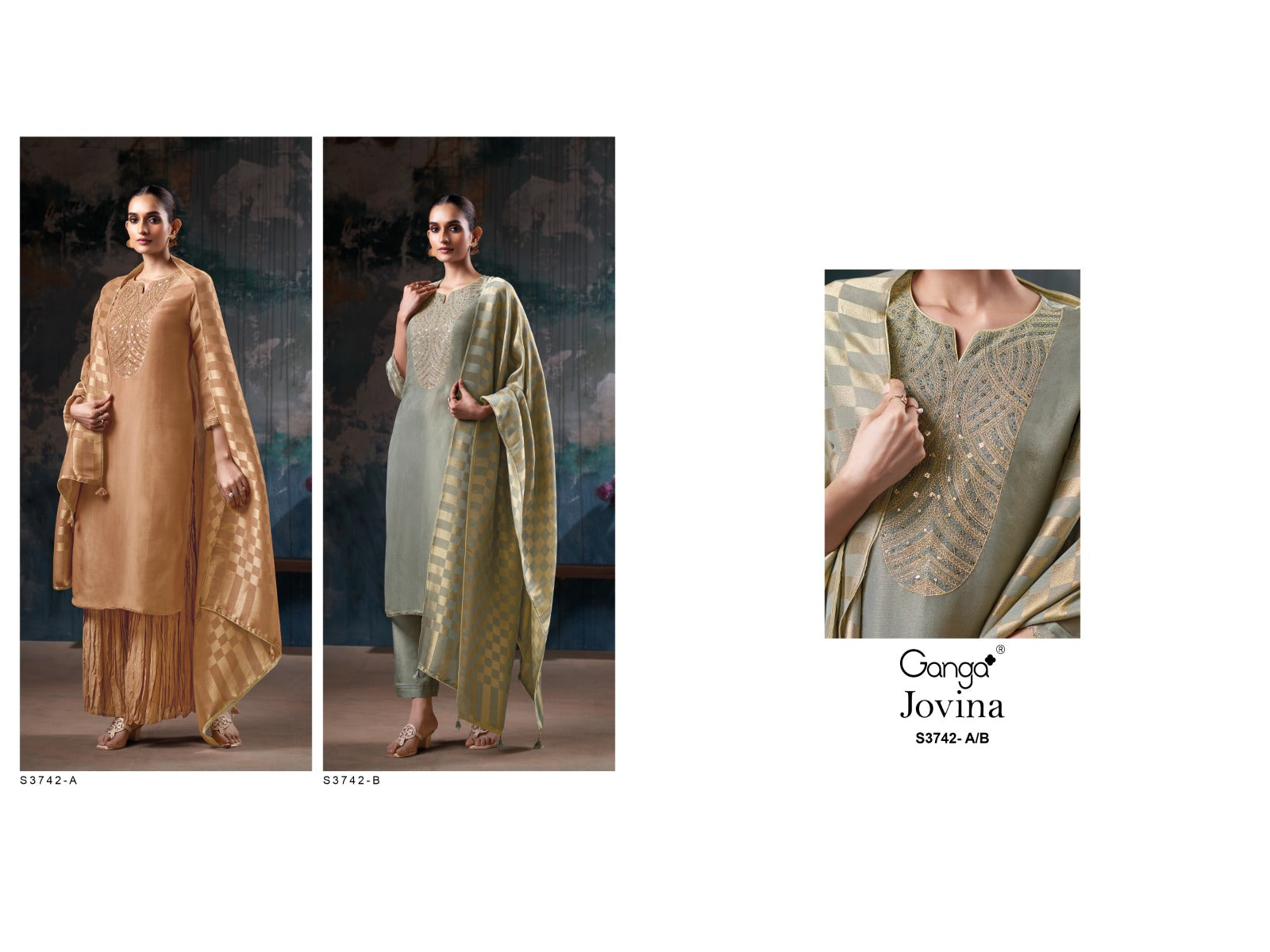 Jovina 3742 Ganga Premium Bemberg Plazzo Style Suits Supplier Gujarat