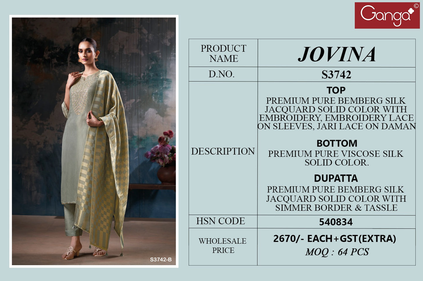 Jovina 3742 Ganga Premium Bemberg Plazzo Style Suits Supplier Gujarat