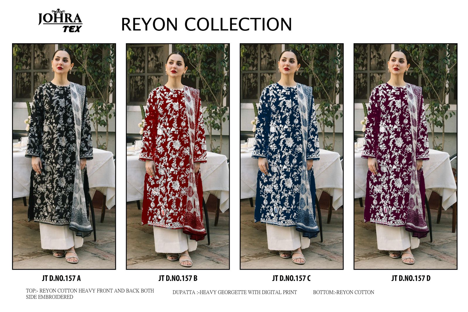 Jt-157Abcd Johra Tex Cotton Rayon Pakistani Salwar Suits Exporter