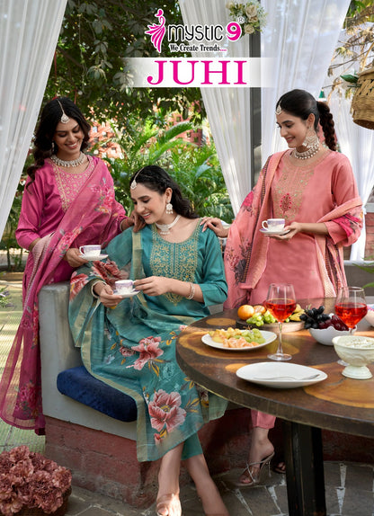 Juhi Vol 1 Mystic 9 Gaji Silk Readymade Pant Style Suits Exporter