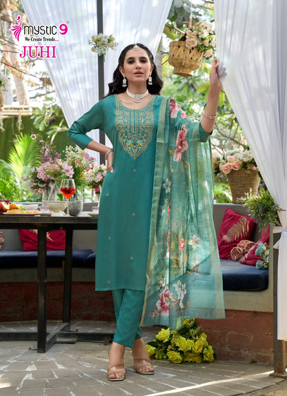 Juhi Vol 1 Mystic 9 Gaji Silk Readymade Pant Style Suits Exporter