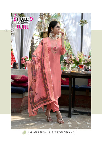 Juhi Vol 1 Mystic 9 Gaji Silk Readymade Pant Style Suits Exporter