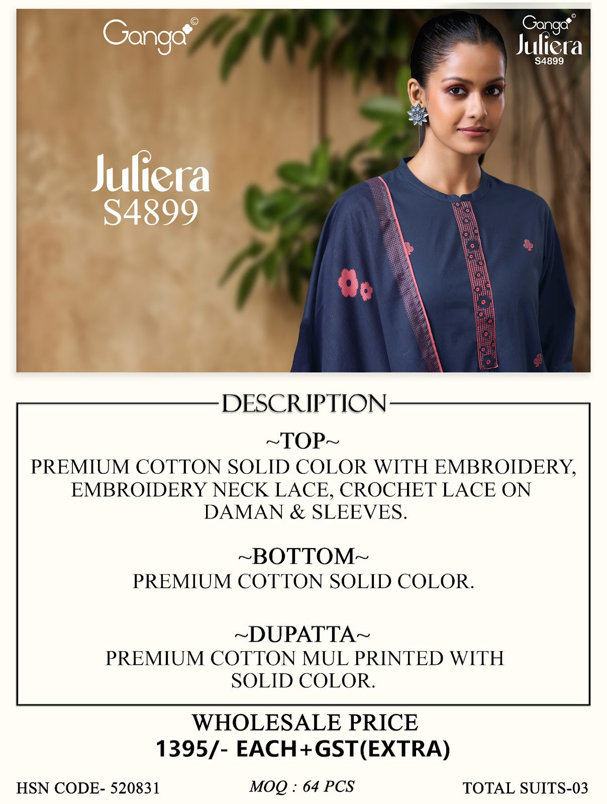Juliera S4899 Ganga Cotton Plazzo Style Suits Supplier Ahmedabad