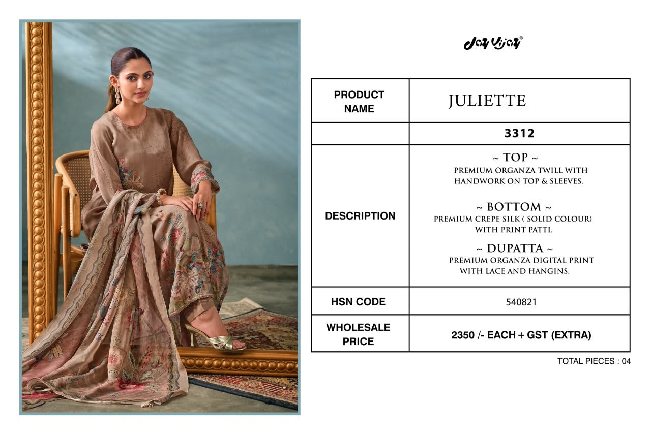 Juliette 3312 Jay Vijay Organza Pant Style Suits Wholesale Rate