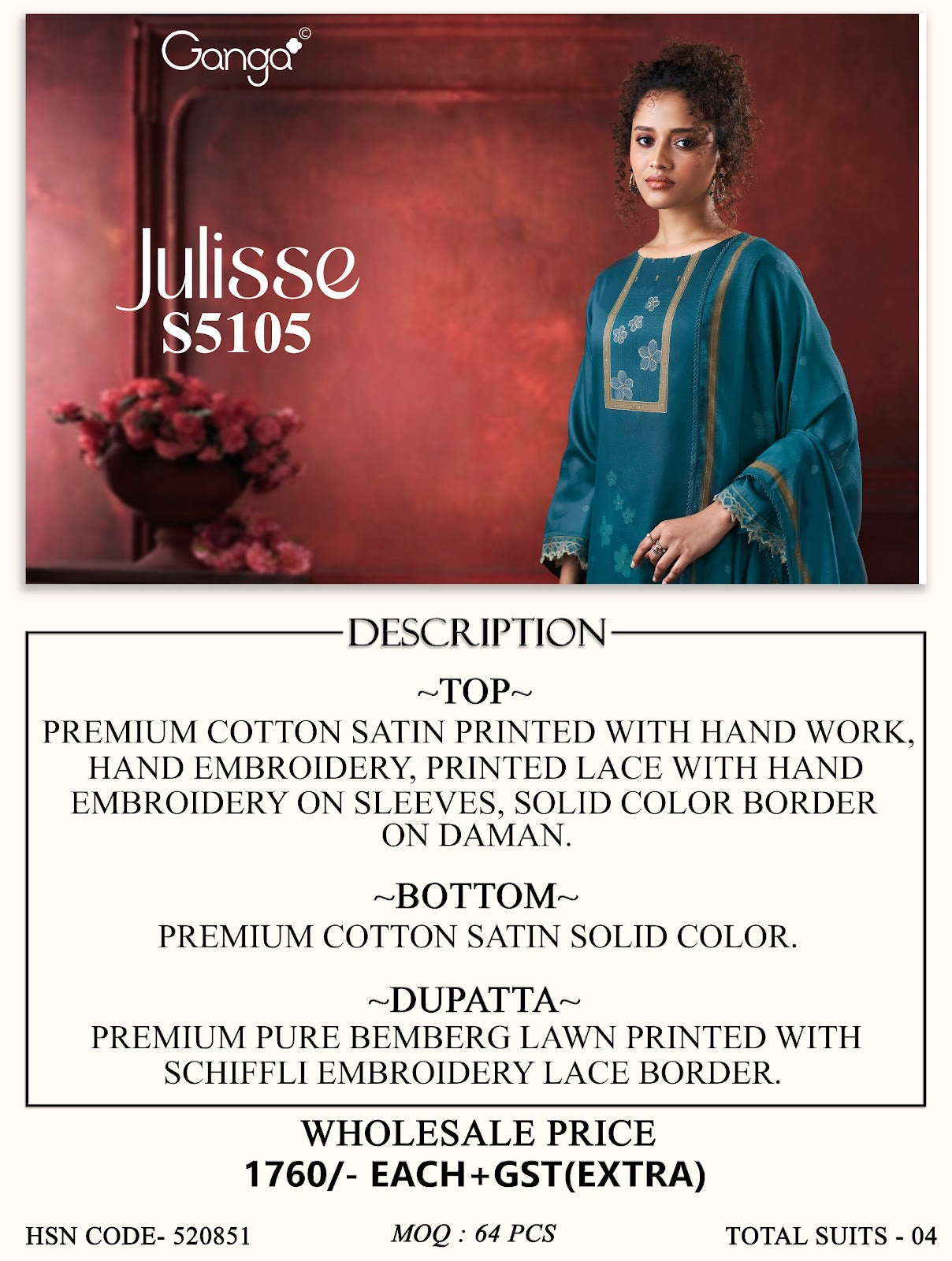 Julisse S5015 Ganga Cotton Satin Pant Style Suits Exporter India