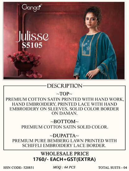 Julisse S5015 Ganga Cotton Satin Pant Style Suits Exporter India