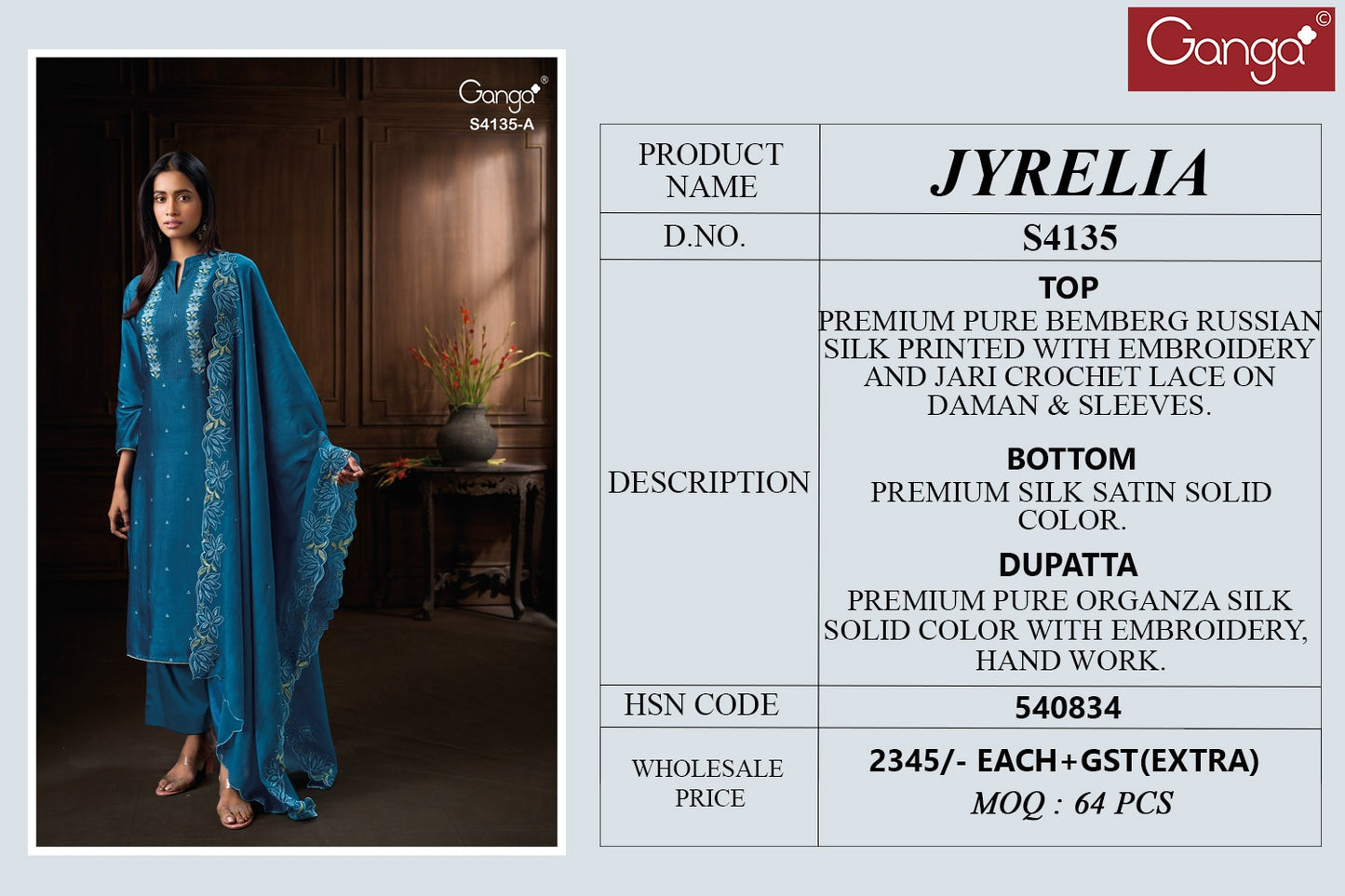 Jyrelia 4135 Ganga Pure Bemberg Plazzo Style Suits Wholesaler Ahmedabad