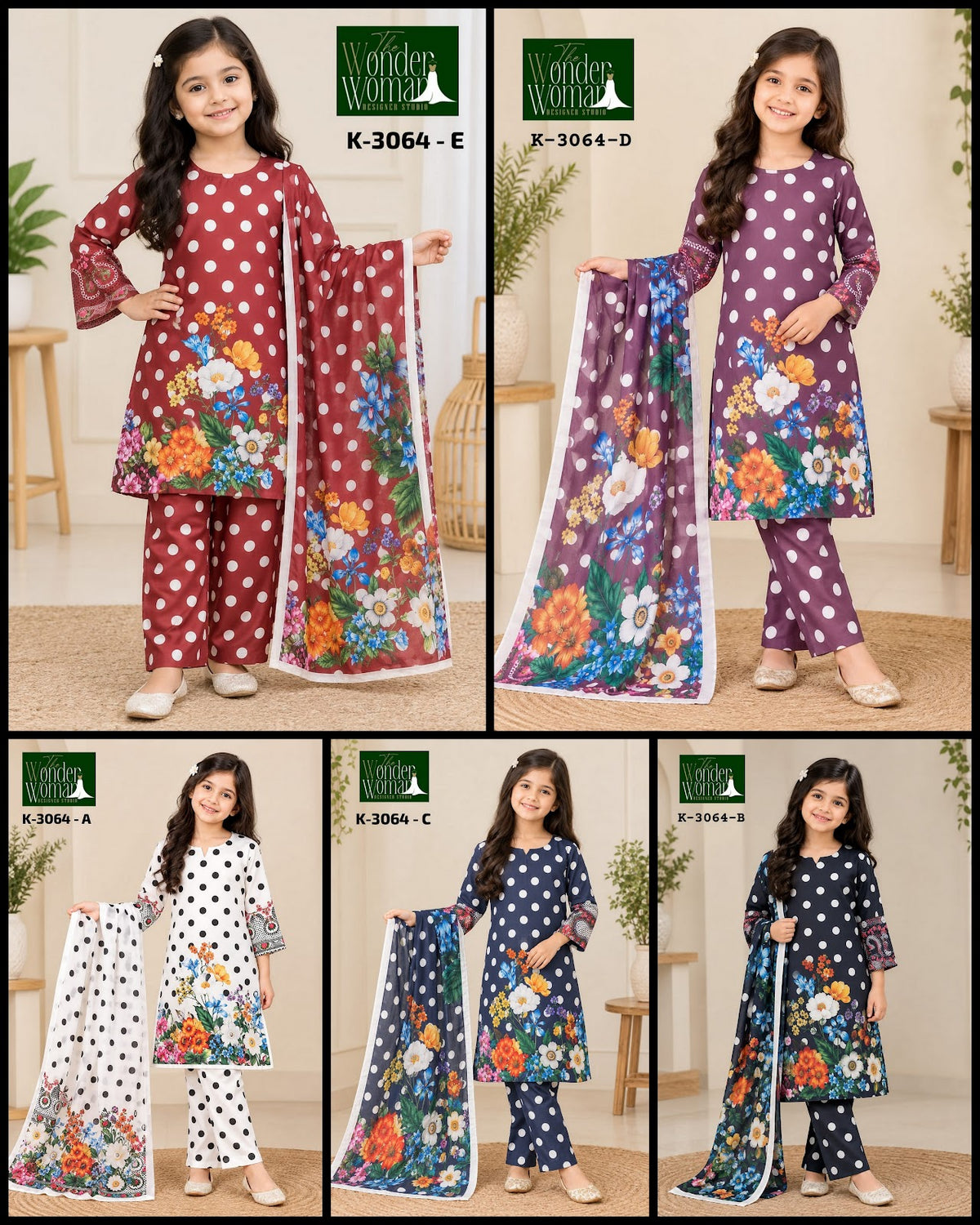K-3064 The Wonder Woman Mal Satin Girls Readymade Pant Suits Wholesale Rate