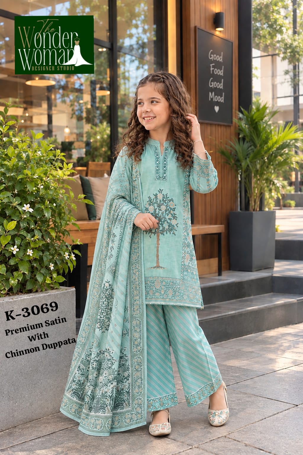 K-3069 The Wonder Woman Soft Satin Girls Readymade Pant Suits Manufacturer India