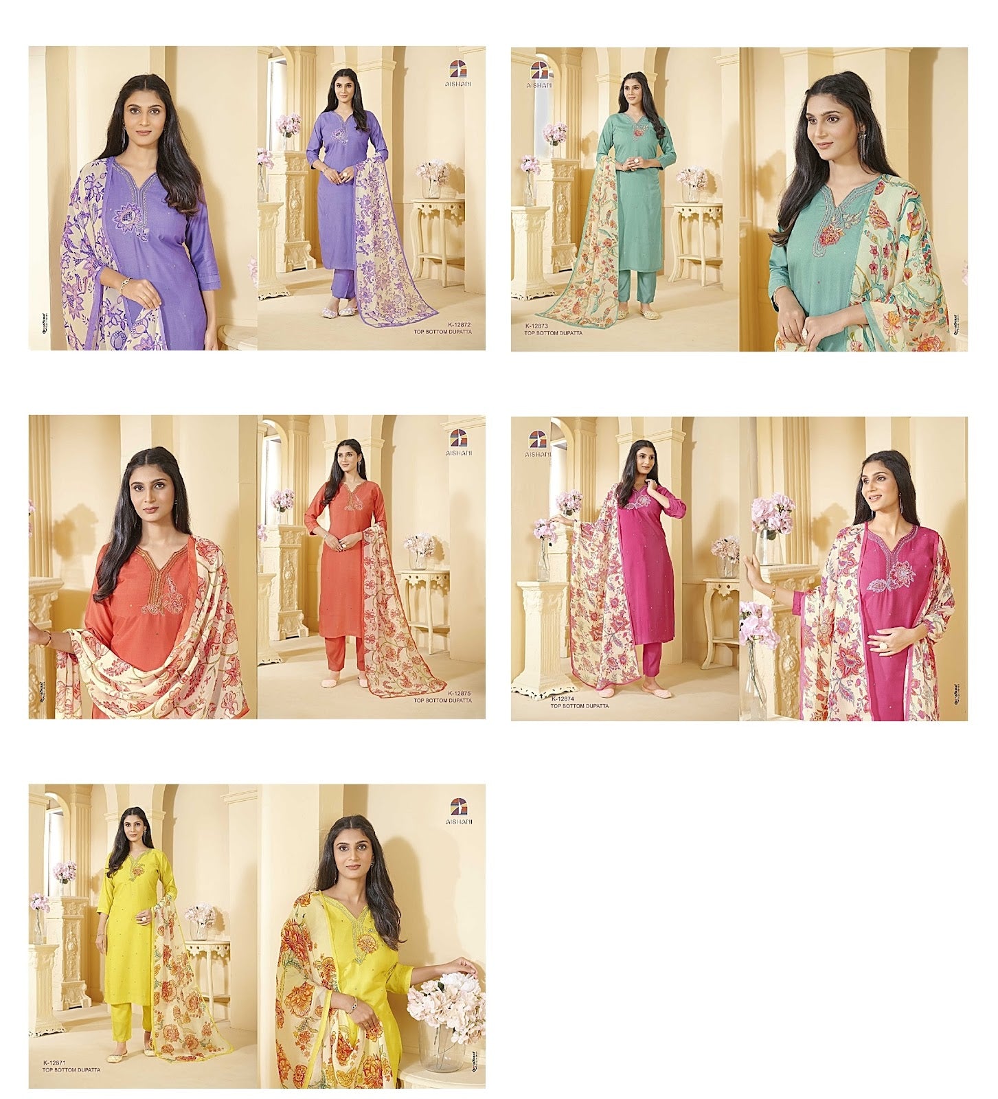 K 12871-12875 Aishani Cotton Muslin Readymade Suits Supplier India
