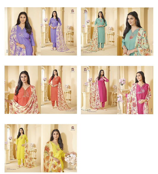 K 12871-12875 Aishani Cotton Muslin Readymade Suits Supplier India