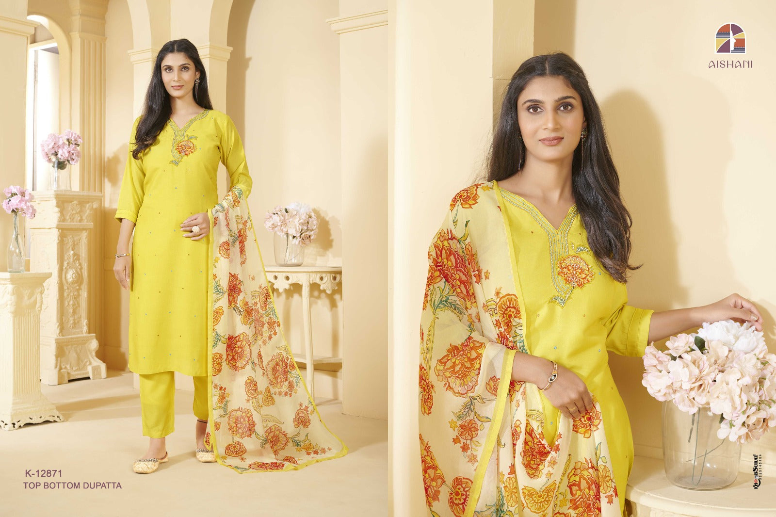 K 12871-12875 Aishani Cotton Muslin Readymade Suits Supplier India