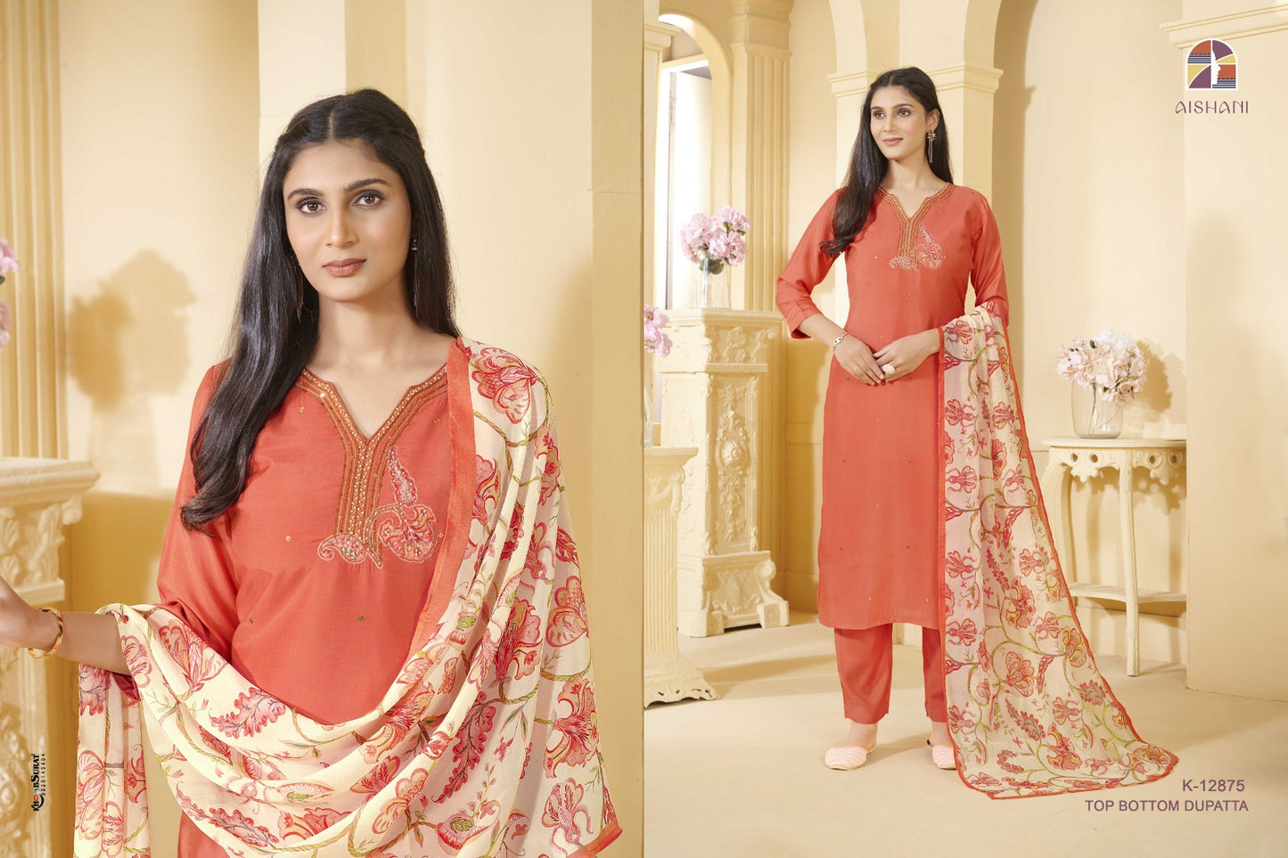 K 12871-12875 Aishani Cotton Muslin Readymade Suits Supplier India