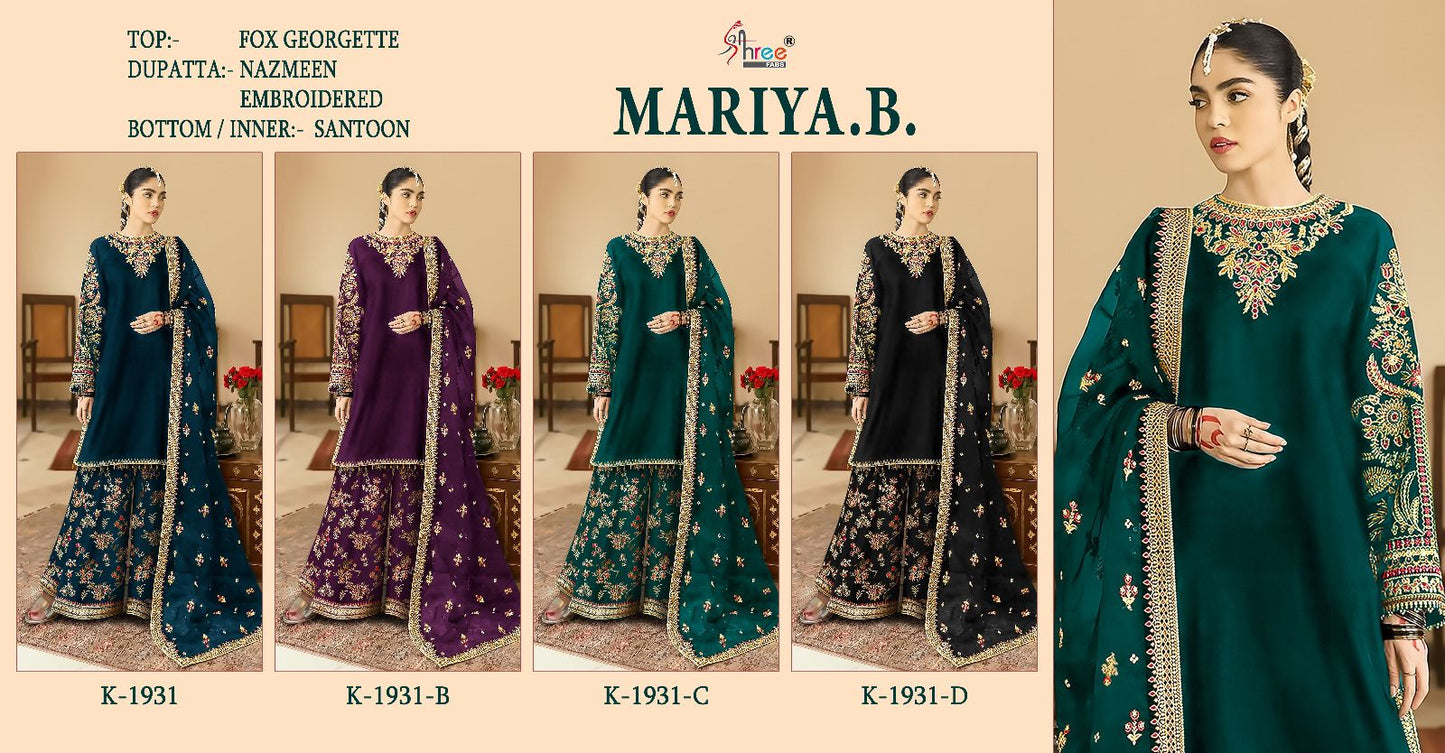 K 1931 Mariya B Shree Fabs Fox Georgette Pakistani Salwar Suits Exporter India