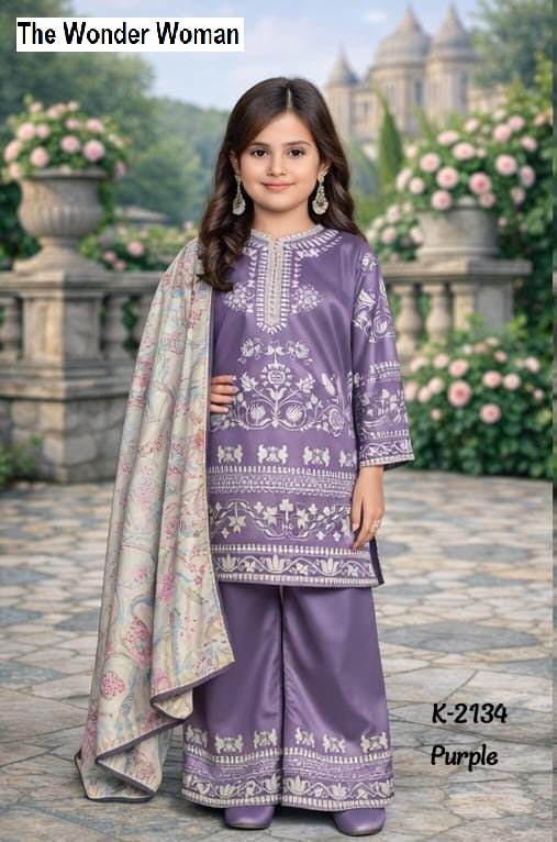 K 2134 The Wonder Woman Satin Girls Readymade Pant Suits Exporter India