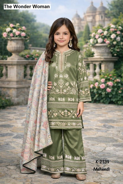 K 2134 The Wonder Woman Satin Girls Readymade Pant Suits Exporter India