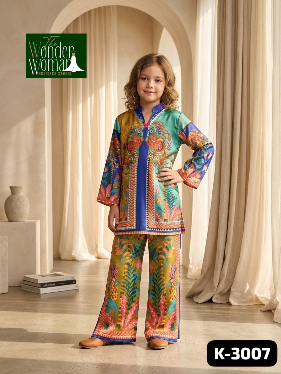 K 3005-1008-3007-2104-2115-3006 The Wonder Woman Mal Satin Girls Co Ord Set Exporter Ahmedabad