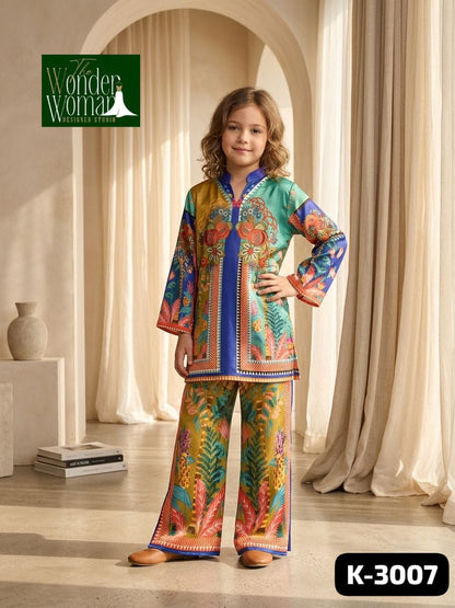 K 3005-1008-3007-2104-2115-3006 The Wonder Woman Mal Satin Girls Co Ord Set Exporter Ahmedabad