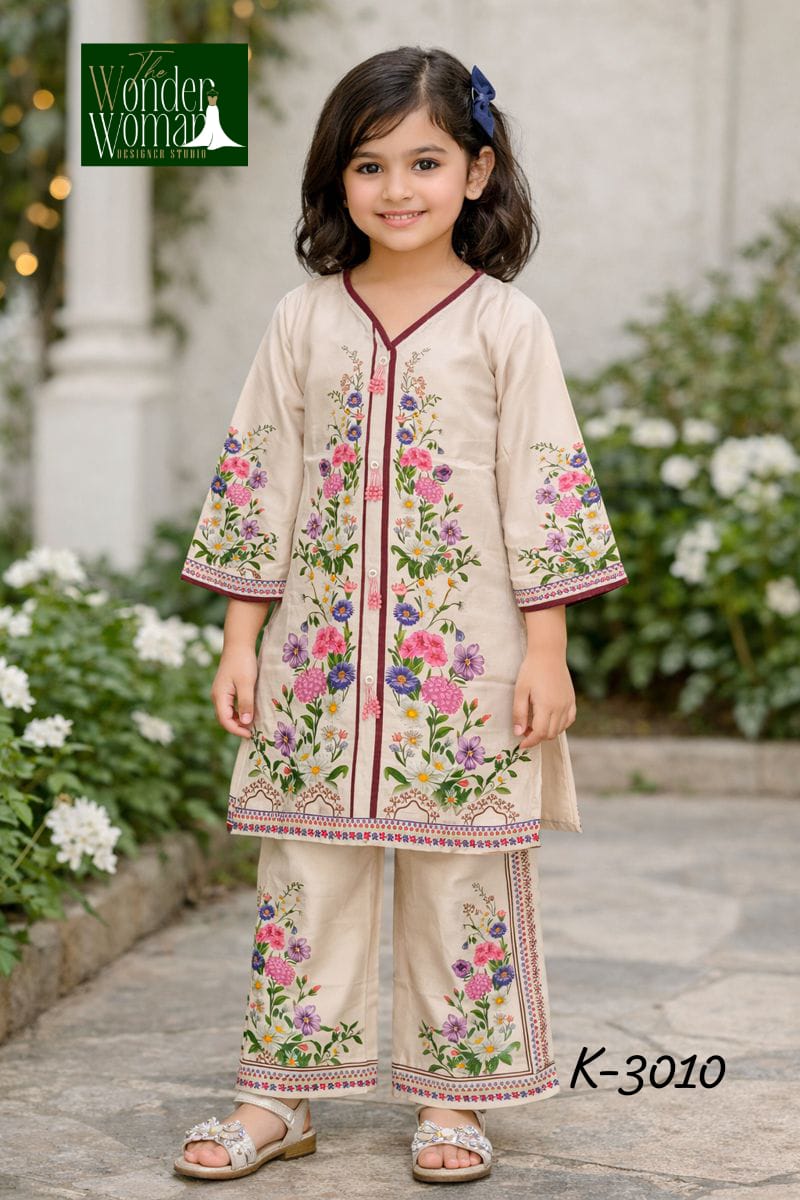 K 3010 The Wonder Woman Mal Satin Girls Kurti Pant Supplier