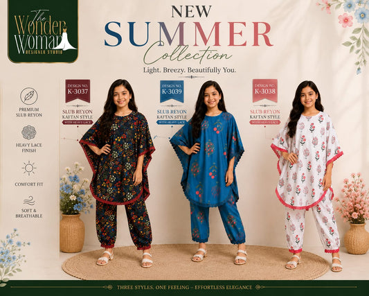 K 3037 To 3039 Kaftan The Wonder Woman Slub Reyon Girls Co Ord Set Wholesale Rate