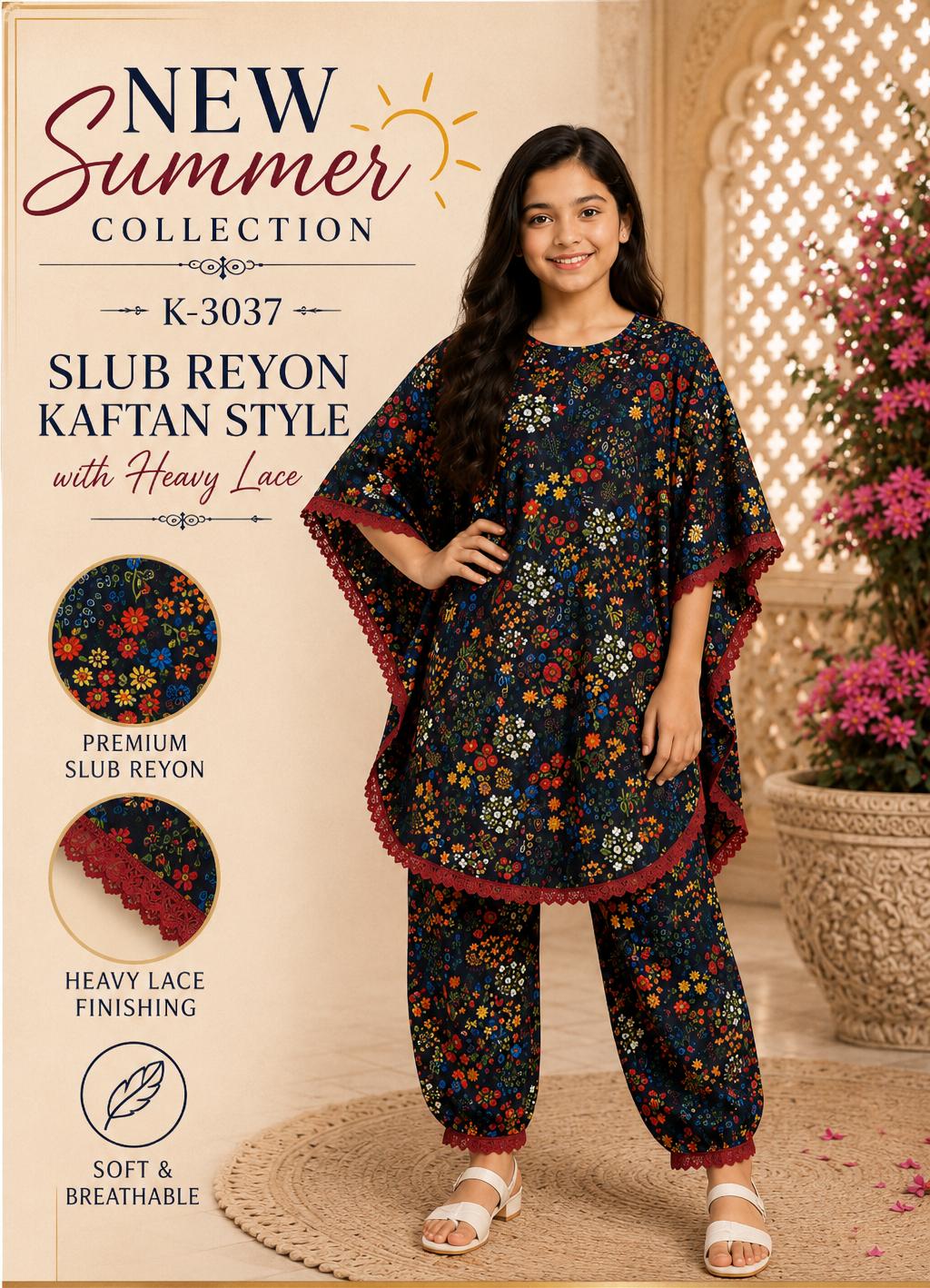 K 3037 To 3039 Kaftan The Wonder Woman Slub Reyon Girls Co Ord Set Wholesale Rate