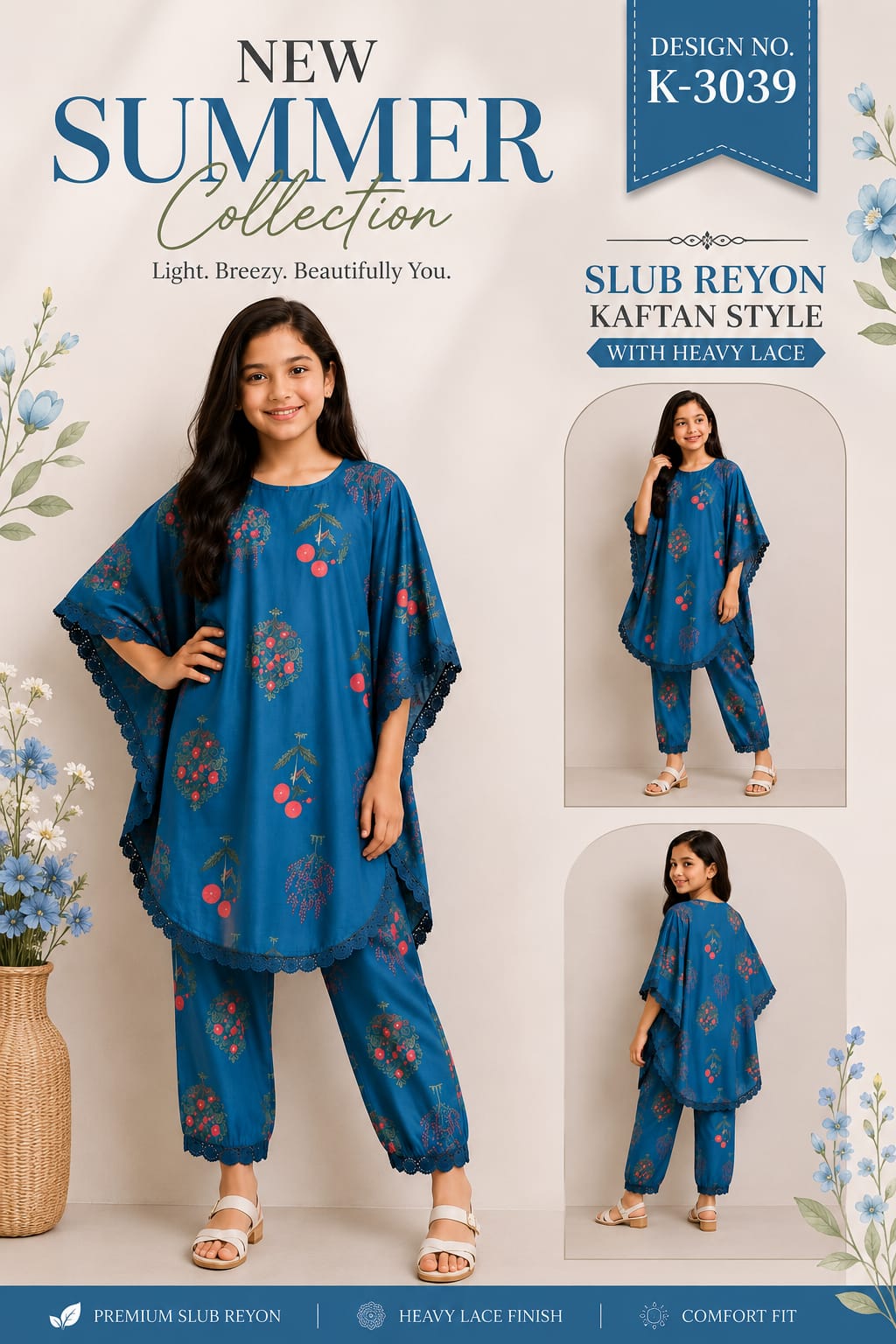 K 3037 To 3039 Kaftan The Wonder Woman Slub Reyon Girls Co Ord Set Wholesale Rate