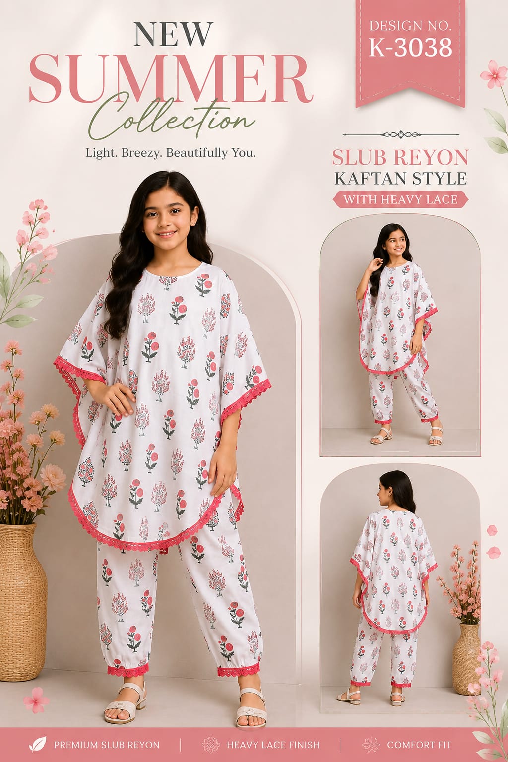 K 3037 To 3039 Kaftan The Wonder Woman Slub Reyon Girls Co Ord Set Wholesale Rate