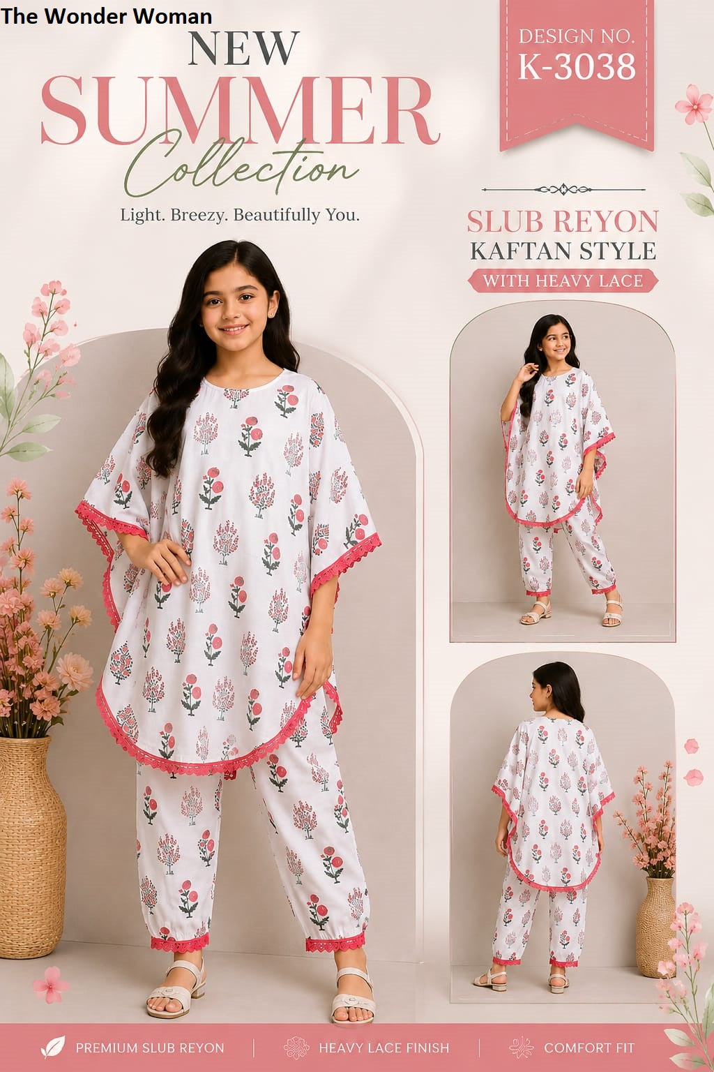 K 3038 The Wonder Woman Slub Reyon Girls Kaftan Pant Set Manufacturer India