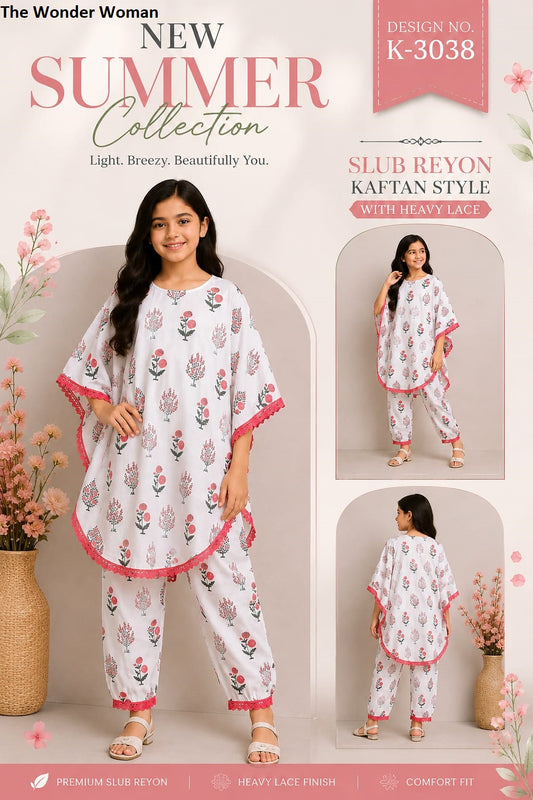 K 3038 The Wonder Woman Slub Reyon Girls Kaftan Pant Set Manufacturer India