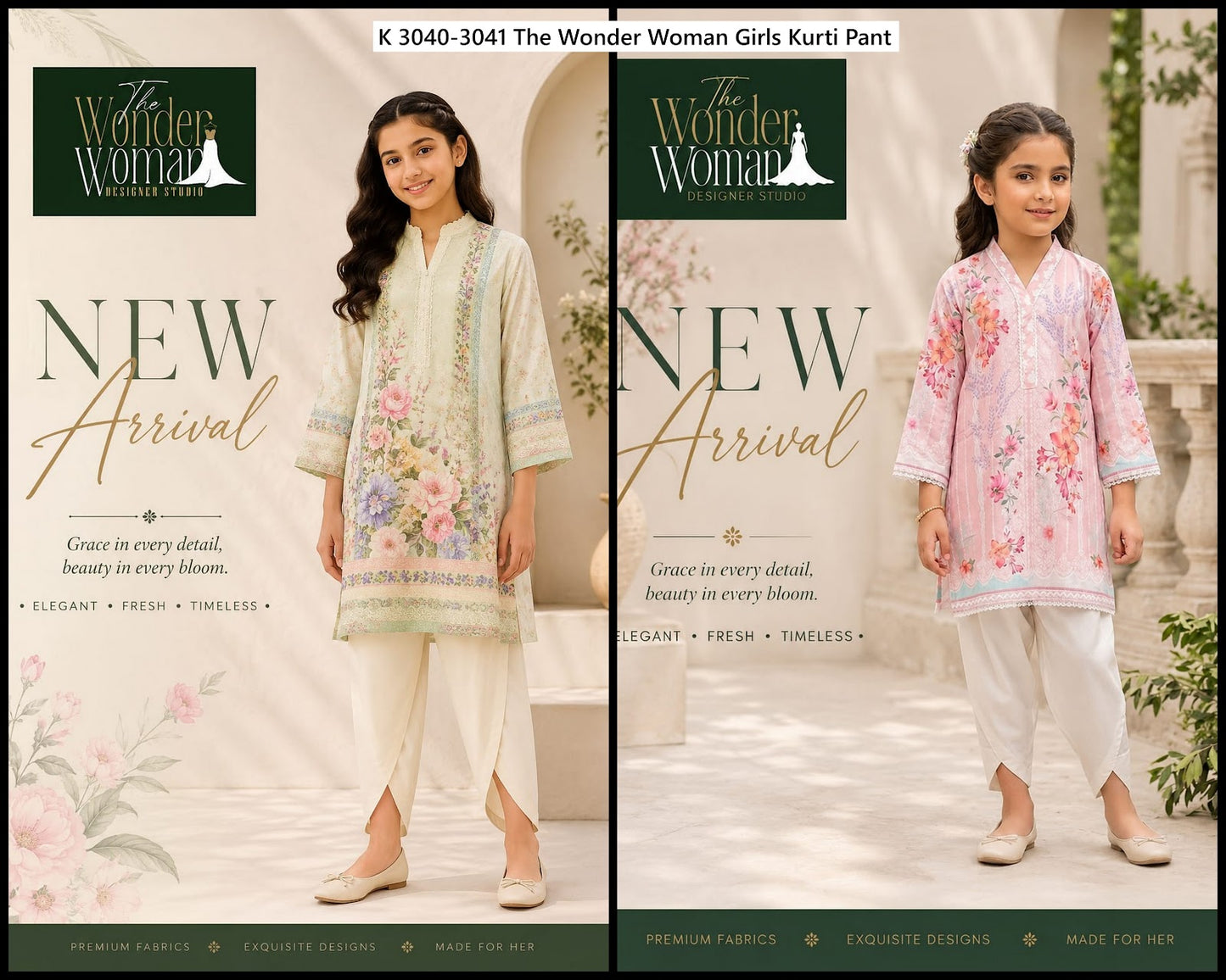 K 3040-3041 The Wonder Woman Mal Satin Girls Kurti Pant Wholesaler Gujarat