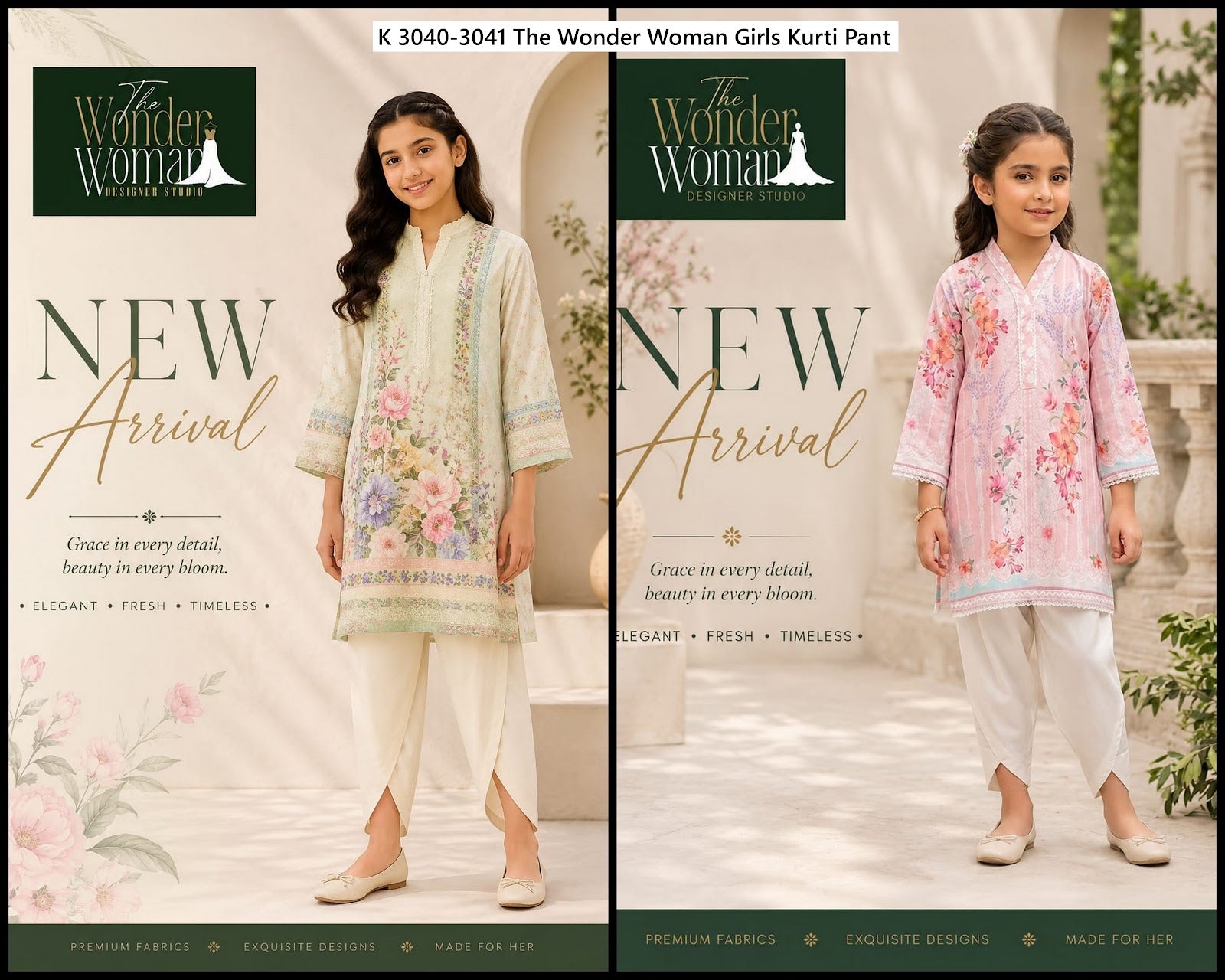 K 3040-3041 The Wonder Woman Mal Satin Girls Kurti Pant Wholesaler Gujarat