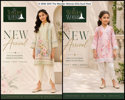 K 3040-3041 The Wonder Woman Mal Satin Girls Kurti Pant Wholesaler Gujarat