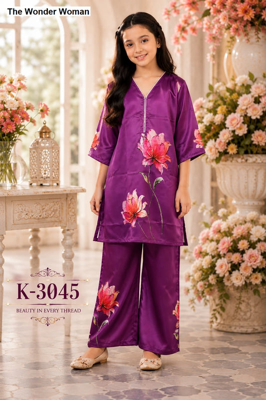 K 3045 The Wonder Woman Mal Satin Girls Co Ord Set Supplier Gujarat