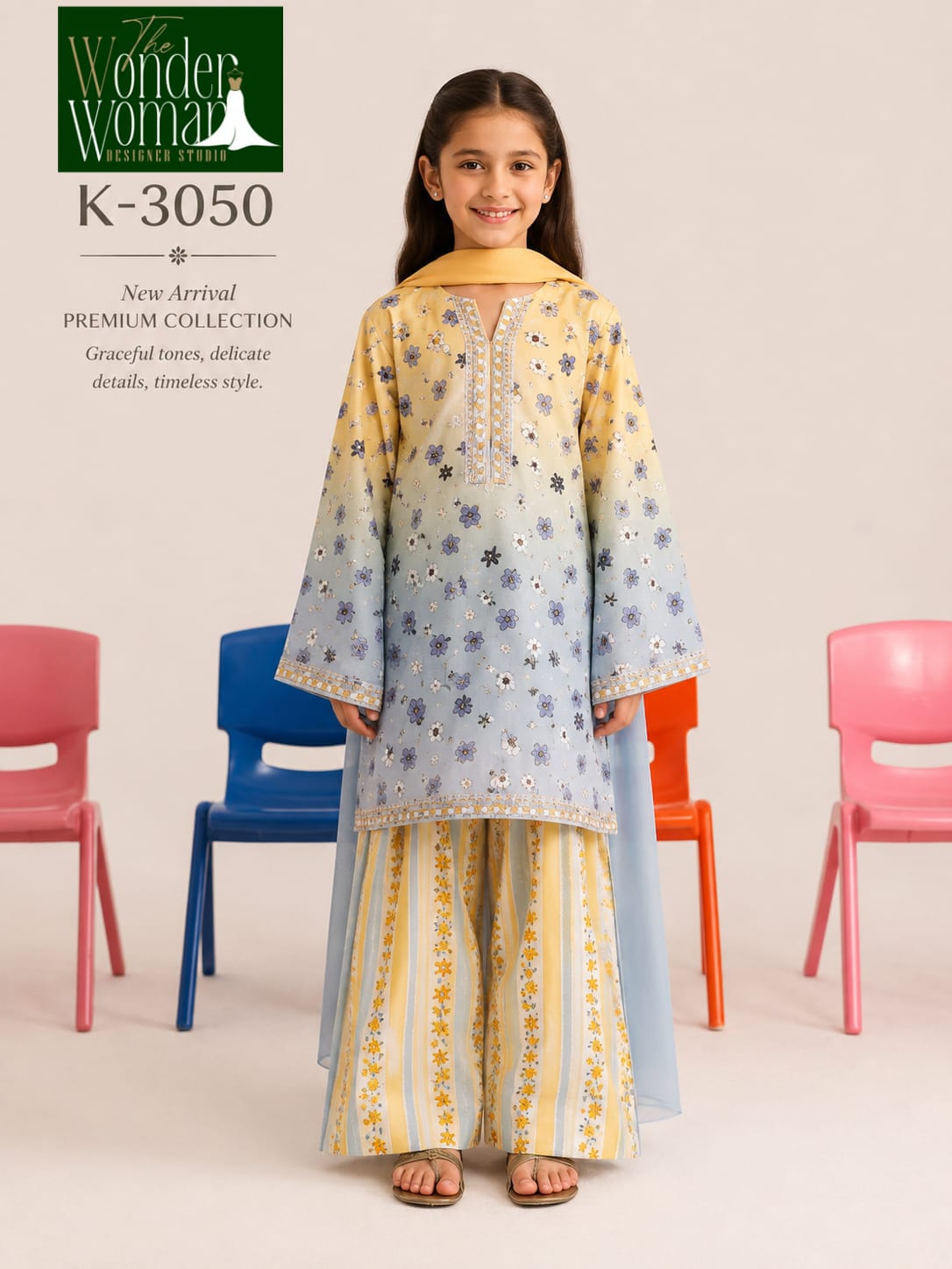 K 3050 The Wonder Woman Mal Satin Girls Pakistani Readymade Suit Exporter