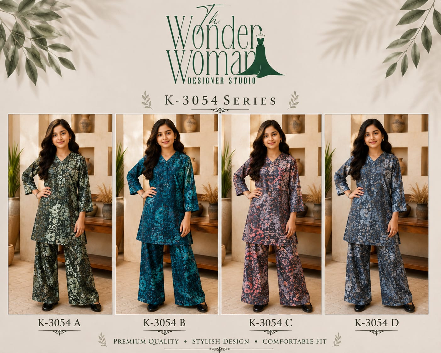 K 3054 The Wonder Woman Mal Satin Girls Kurti Pant Supplier Gujarat