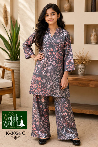 K 3054 The Wonder Woman Mal Satin Girls Kurti Pant Supplier Gujarat