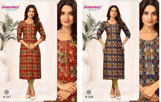 K 327-328 Journey Design Modal Chanderi Long Straight Kurti Supplier Gujarat