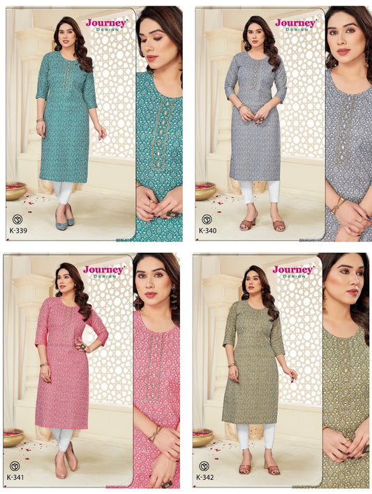 K 339-342 Journey Design Cotton Long Straight Kurti Wholesale Price