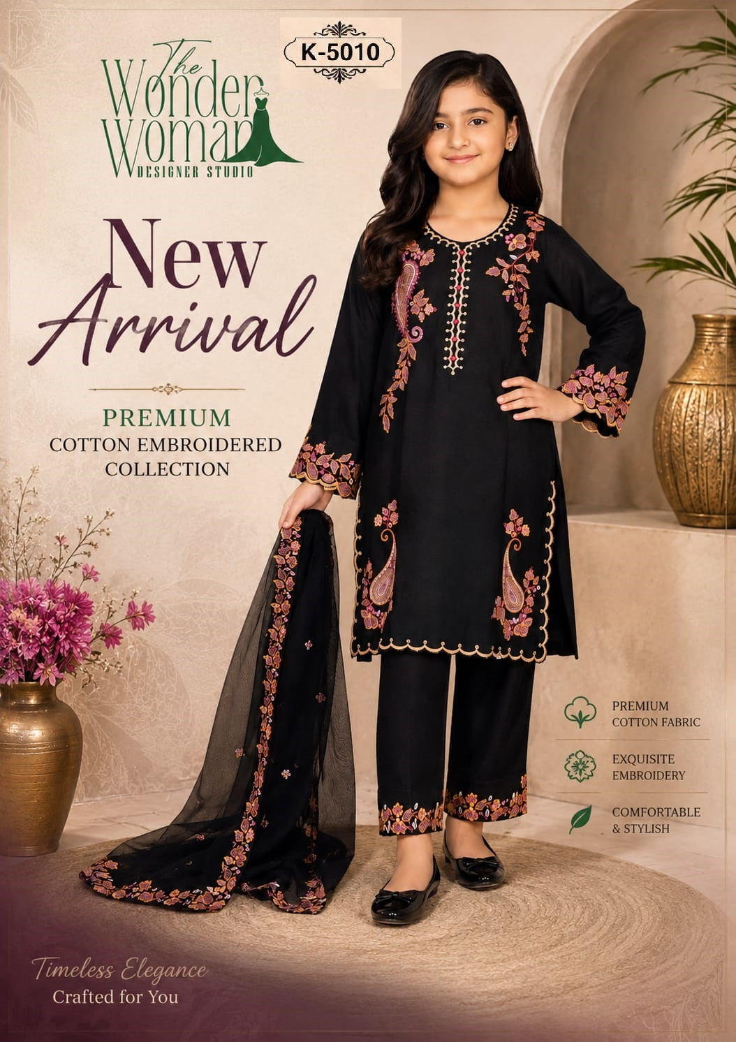 K 5010 Kashmiri Embroidery The Wonder Woman Pure Cotton Girls Readymade Pant Suits Wholesale Rate