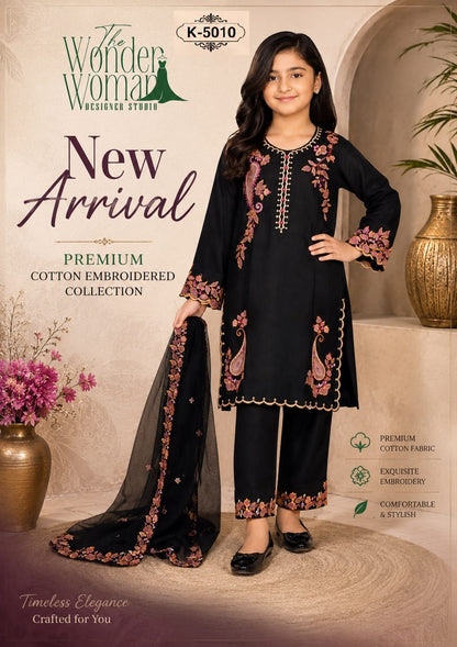 K 5010 Kashmiri Embroidery The Wonder Woman Pure Cotton Girls Readymade Pant Suits Wholesale Rate