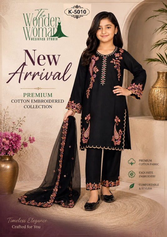 K 5010 Kashmiri Embroidery The Wonder Woman Pure Cotton Girls Readymade Pant Suits Wholesale Rate