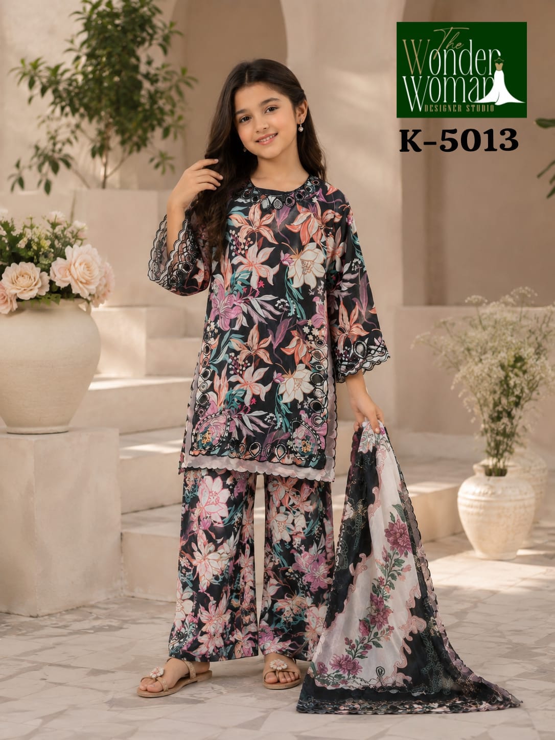 K 5013 The Wonder Woman Satin Girls Readymade Pant Suits Wholesale Price