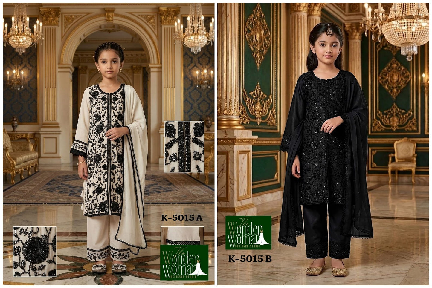 K 5015 Ab The Wonder Woman Georgette Girls Readymade Pant Suits Wholesale Rate