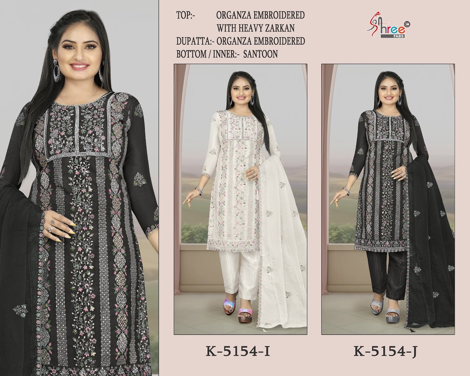 K 5154 Ij Black-White Shree Fabs Organza Pakistani Salwar Suits Wholesale Price