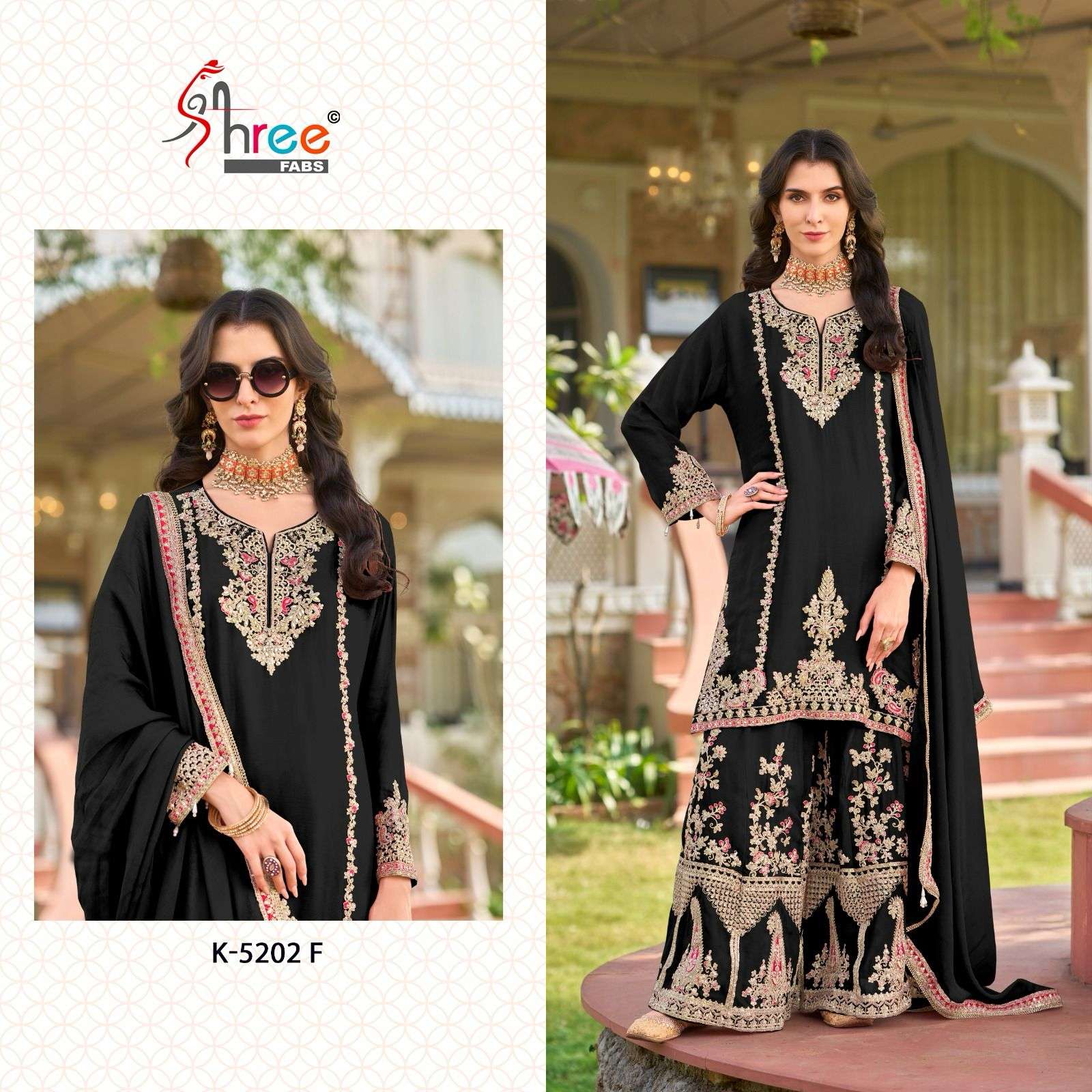 K 5202 Shree Fabs Chinon Sharara Style Suits Wholesaler Ahmedabad